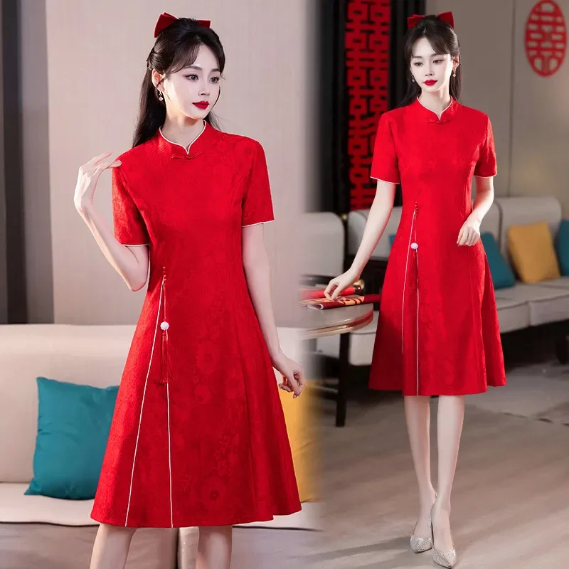 2024, новое красное китайское платье Ципао Cheongsam, женская одежда, современный улучшенный короткий рукав, большие размеры