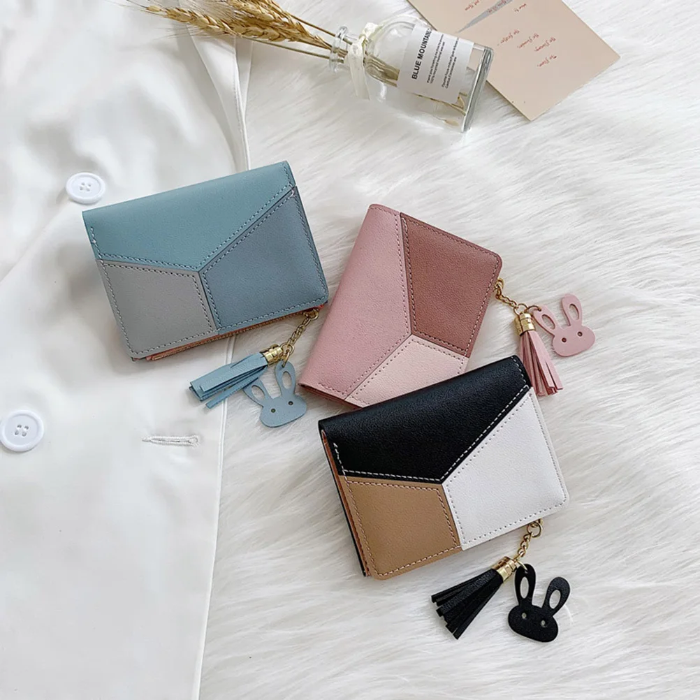 

Black Portable PU Short Wallet Rabbit Tassel Zippered Holder Small Coin Purse Mini Bag Fashion Multifunctional Purse