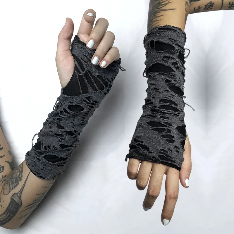 Y2K Gothic Ninja Black Fingerless Long Gloves Punk Hole Half-finger Mittens Arm Warmer Beggar Cosplay Halloween Party Costumes