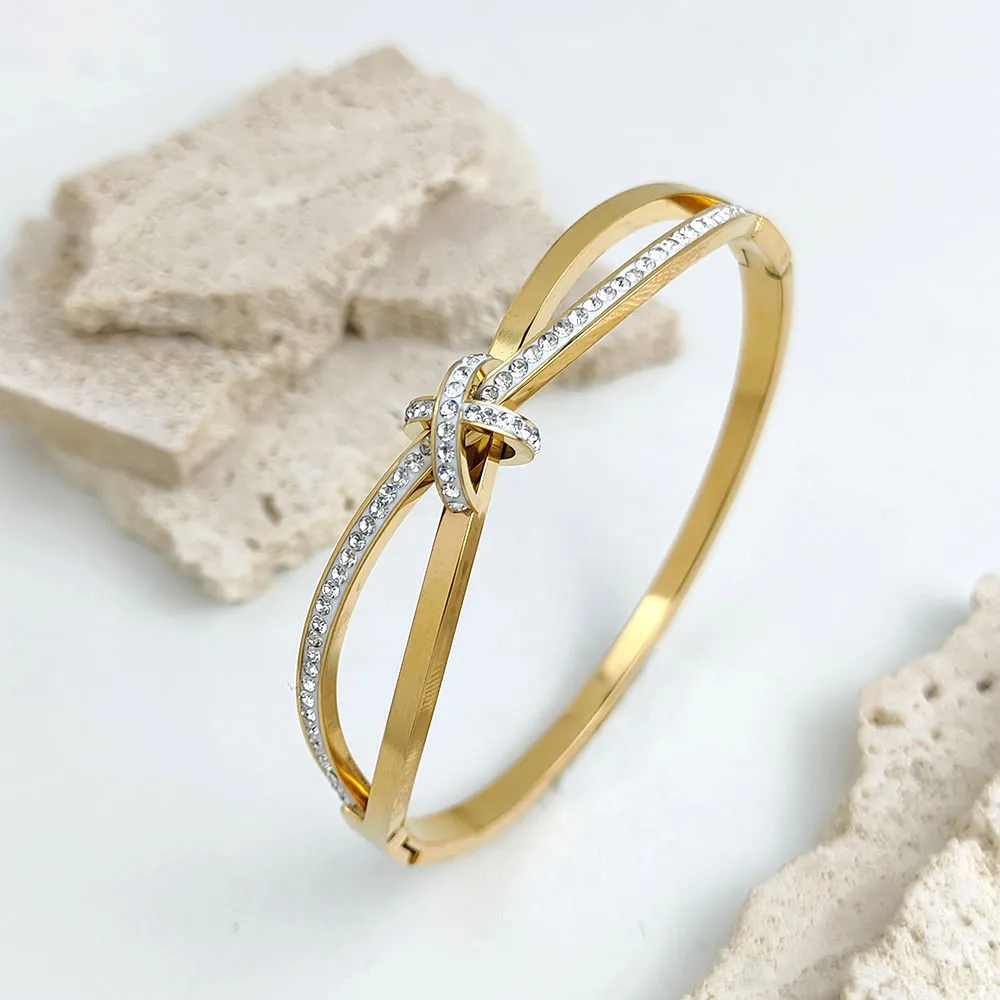 New bow zircon stainless steel gold plated 18K bracelet, high quality waterproof silver jewelry, gift for wife