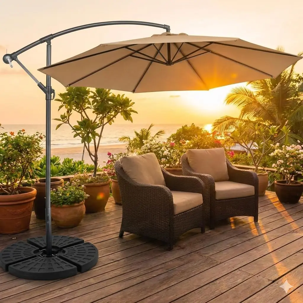 4 Piece 140 Lbs Umbrella Base, Offset Umbrella Weights with 4 Round HDPE Plate & 4 Connection Metal Hooks, Handle, Water