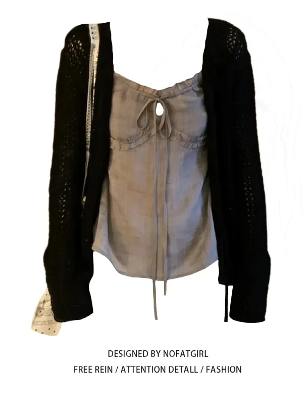 

plus Size Women's Summer Outfit Knot Strap Vest And Cardigan Two-Piece Set Casual Commute Style Regular Fit Long Sl...