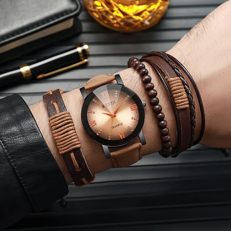 لا يوجد صندوق هدايا؛ ساعة ماسية مائية؛ ساعة بحزام جلدي عتيق؛ سلسلة ساعة رجالية عصرية من الخرز وسوار جلدي 4 قطع #2