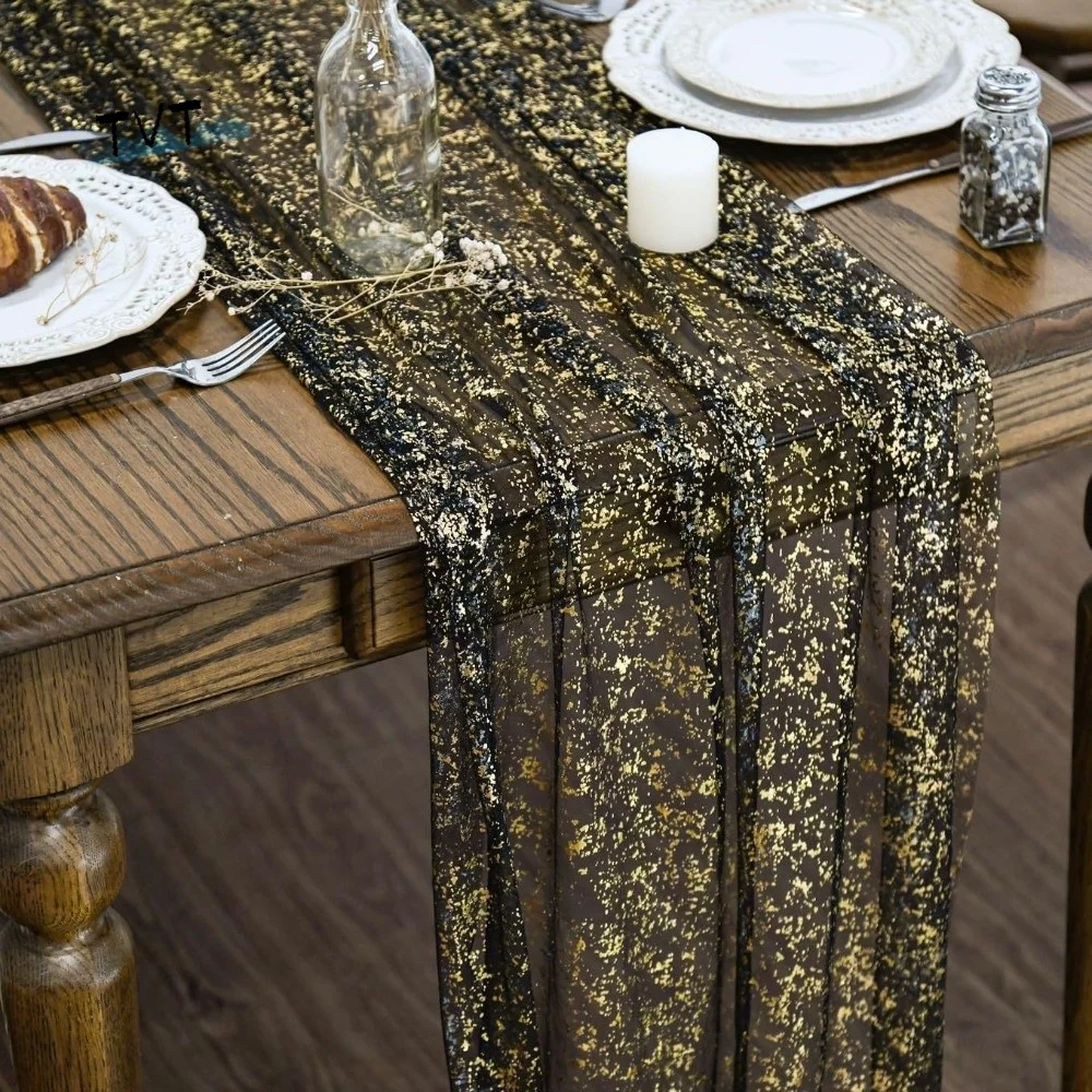 Table Runner Sequin - ผ้าปูโต๊ะปักเลื่อมสีทองสไตล์ยุโรป หรูหรา ประดับด้วยกลิตเตอร์ ผ้าตาข่ายเนื้อนุ่ม สวยงาม เหมาะสำหรับงานวันเกิด