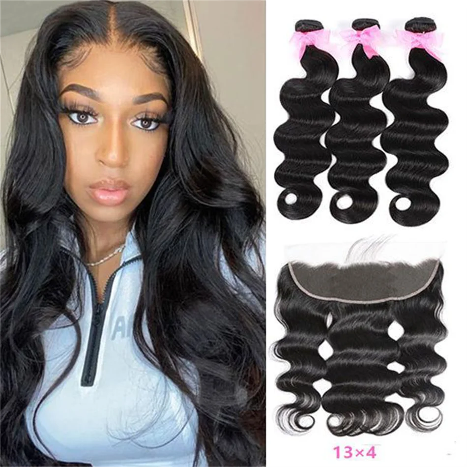 

Body Wave Lace Frontal With Bundles 100% Human Hair 3 Bundles Weave With Frontal 30 Inch Brazilian Remy Hair Weaving Extensions