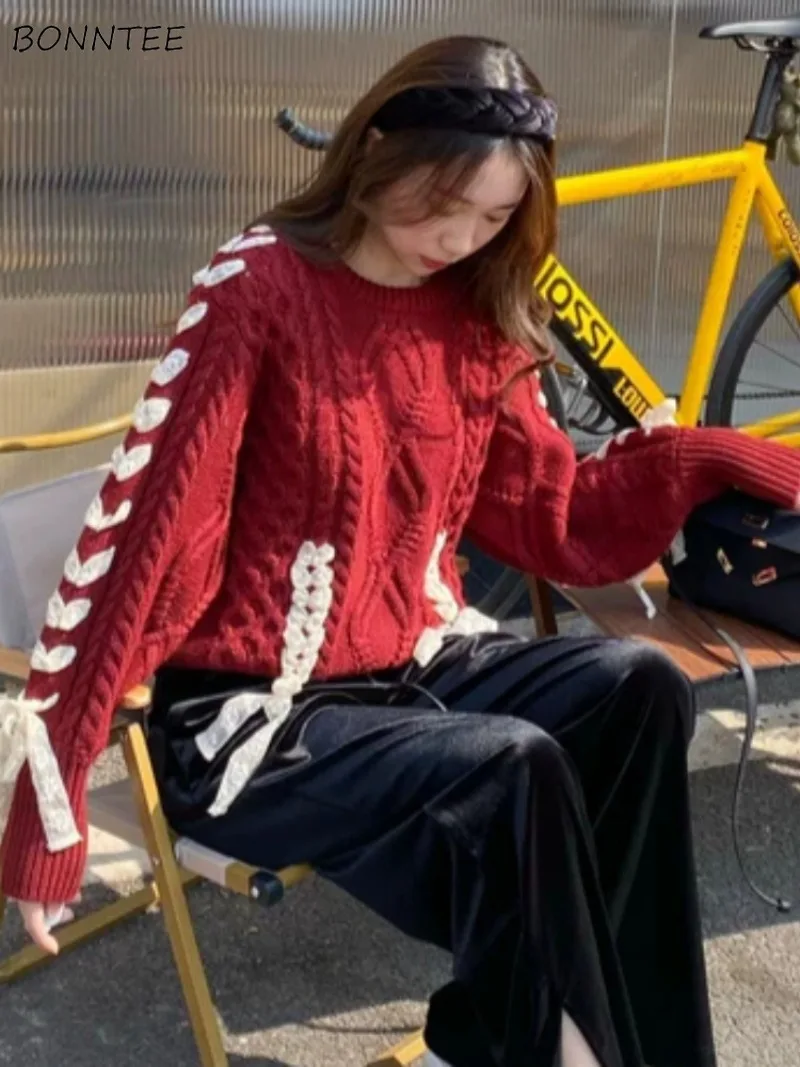 

Pullovers Women Lace-up Design Jacquard All-match Korean Fashion Daily Party Christmas Sweet Female Students Casual Knitted Chic