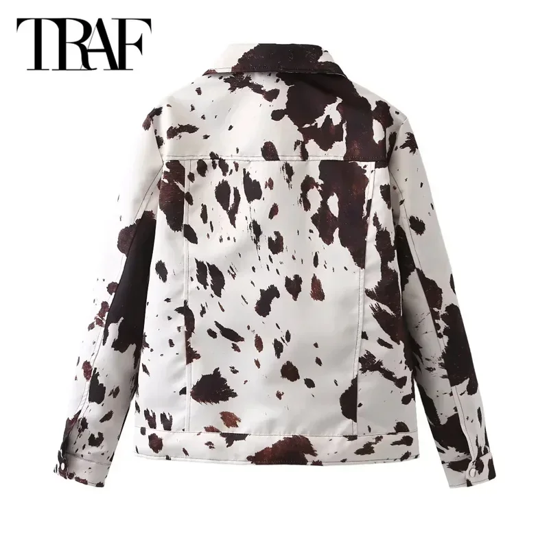 TRAFผู้หญิงพิมพ์Cropped Jacketใหม่ในOuterwears 2024 ฤดูใบไม้ร่วงDemi-Seasonขนาดใหญ่เสื้อแจ็คเก็ตแขนยาวเสื้อสั้น