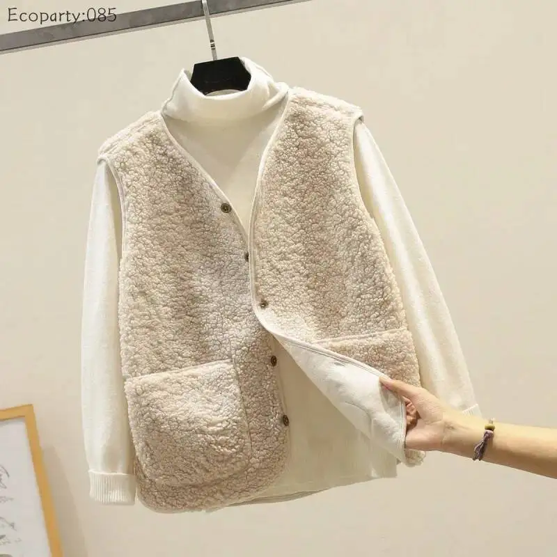 Damska ciepła kurtka zimowa z polaru teddy, bezrękawnik z puszystego pluszu z dekoltem w serek, płaszcz z kieszeniami, kurtka zimowa na zewnątrz.