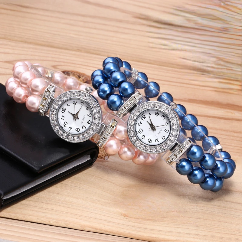 New Pearl String Bracelet Quartz Watch Fashion Womens Watches Rhinestone Dress Watch for Women Luxury Ladies Wristwatch Clock