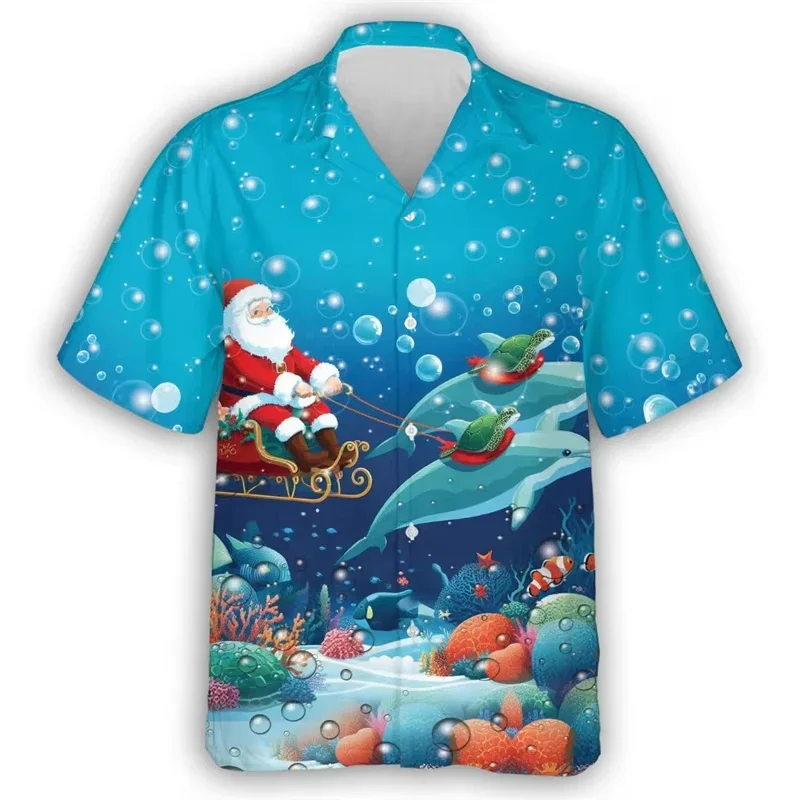Full Print Christmas Santa Claus Graphic Hawaii Shirts For Men Casual Short Sleeve Cuban Collar Button Down Shirts For Holiday