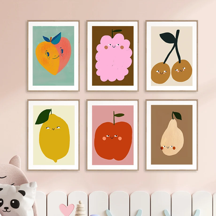 Cute Lemon Cherry Pear Apple Peach Fruit Wall Art Canvas Painting Nordic Posters And Prints Wall Pictures Baby Kids Room Decor