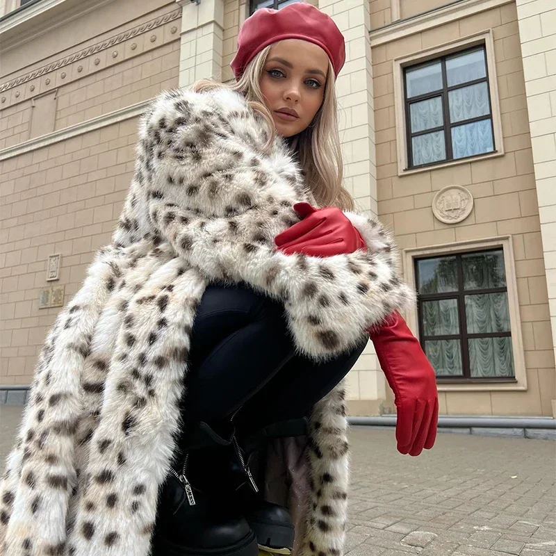 2024 Winter Stylish Street Fashion Fluffy Faux Fur Coat Women Exclusive Long Belted Furry Leopard Eco Fox Fur Jacket Overcoat