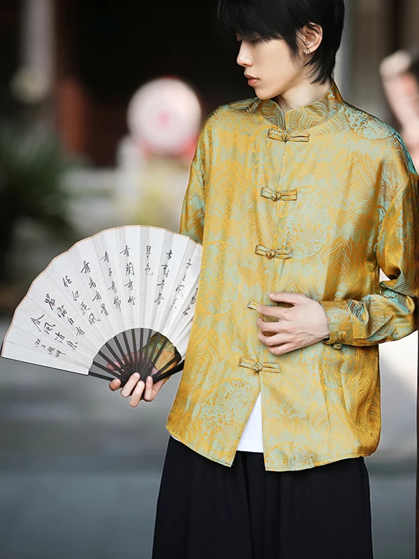 

Мужская рубашка с длинным рукавом из ледяного шелка, с воротником-стойкой, на пуговицах, повседневный костюм в стиле Тан, улучшенный Ханьфу, весна-лето-осень, большие размеры