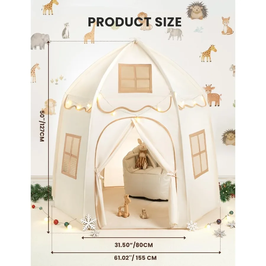 besrey Speeltent Groot zeshoekig speelhuisje met 1 deur 3 ramen en sterverlichting Binnen Buiten Wit Fort voor peuters 61 x 31