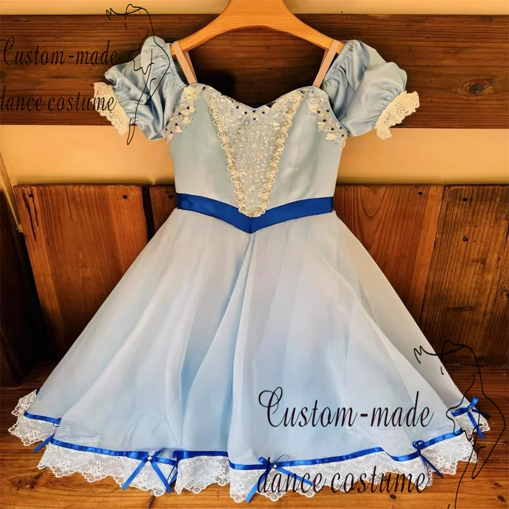 

2025New Graduation Ball Variations Ballet Dress Private Custom Blue Sparkling Diamond Lace Lace Bow Long Yarn Dress