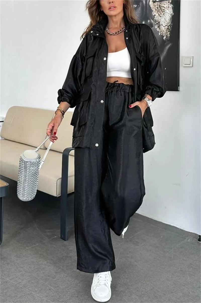 Streetwear 2 Piece Sets Women Outfit Spring Clothes Women 2025 Solid Pocket Jacket Top and Pant Sets Safari Style Tracksuits Set