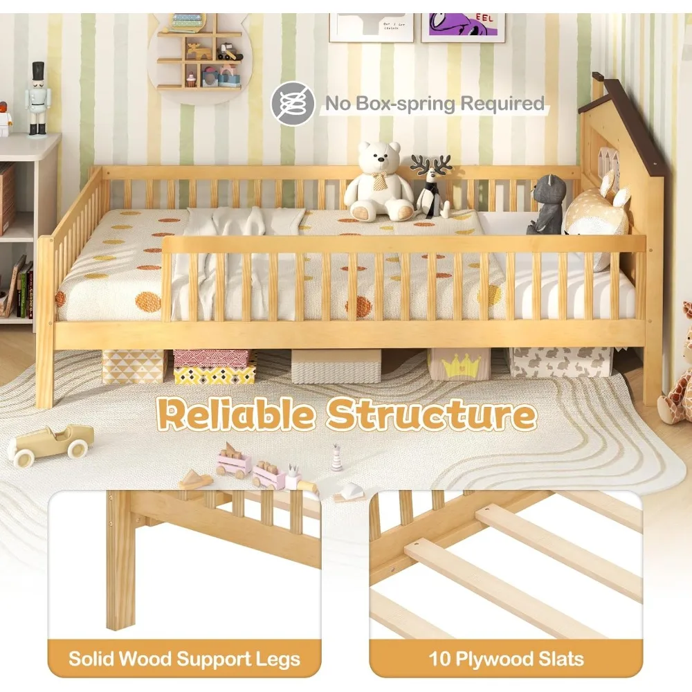 Twin Size Bed Frame with House Shaped Headboard, Solid Wood Platform Bed with Safety Guardrails, Storage Cube & Under-Be