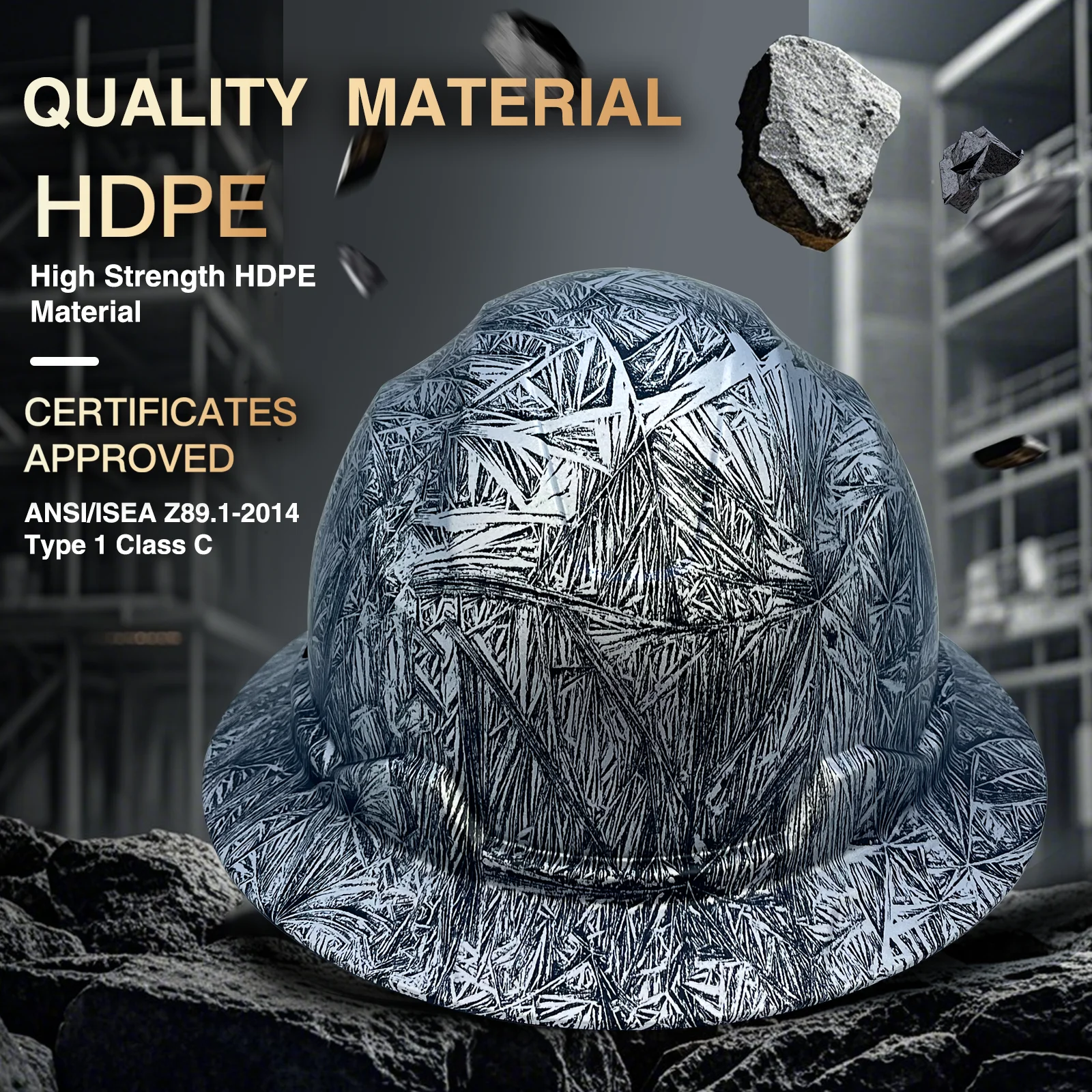 Full Brim Hard Hat Construction Work Men ANSI Approved HDPE Safety Helmet For Engineer Industrial with 6 Point Adjustable