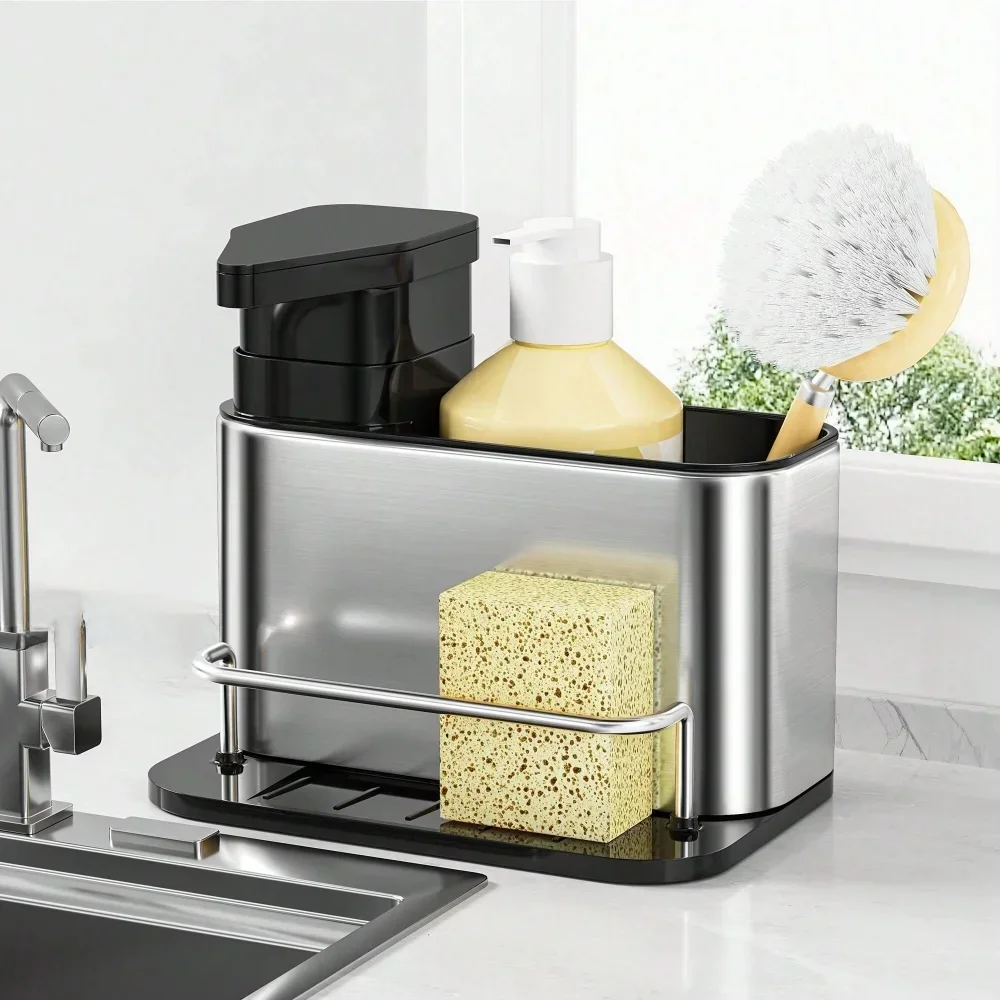 

3-in-1 Kitchen Stainless Steel Tableware Soap Dispenser, Sponge Holder, Sink Organizer Drain Rack, Suitable for Kitchen Sinks