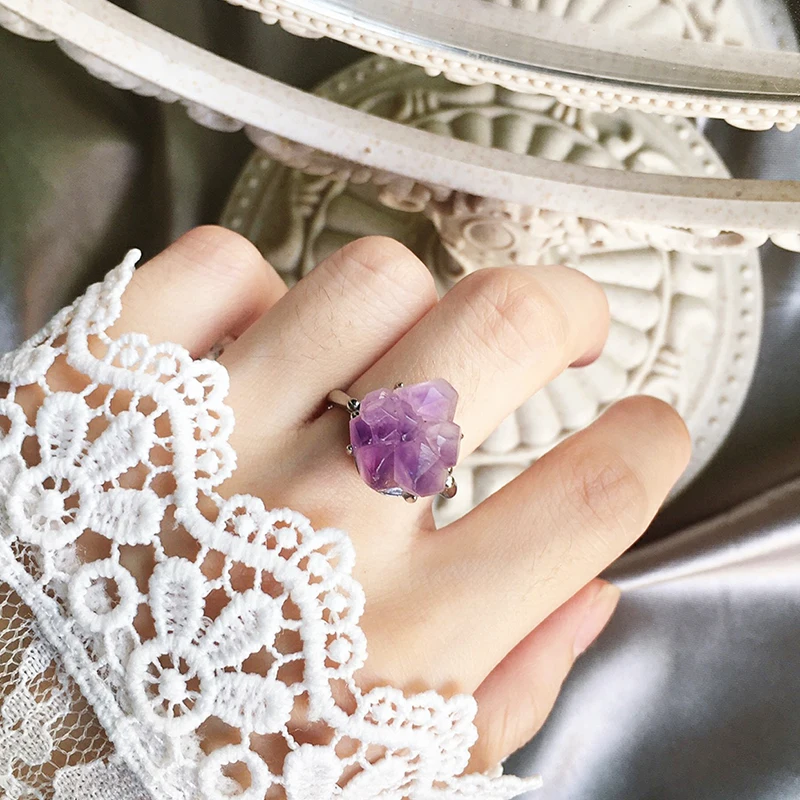 Natural Vintage  Amethyst Cluster Ring Crystal Rough Stone Flower  Adjustable Energy Silver Jewelry Sets Accessorl Gift Punk