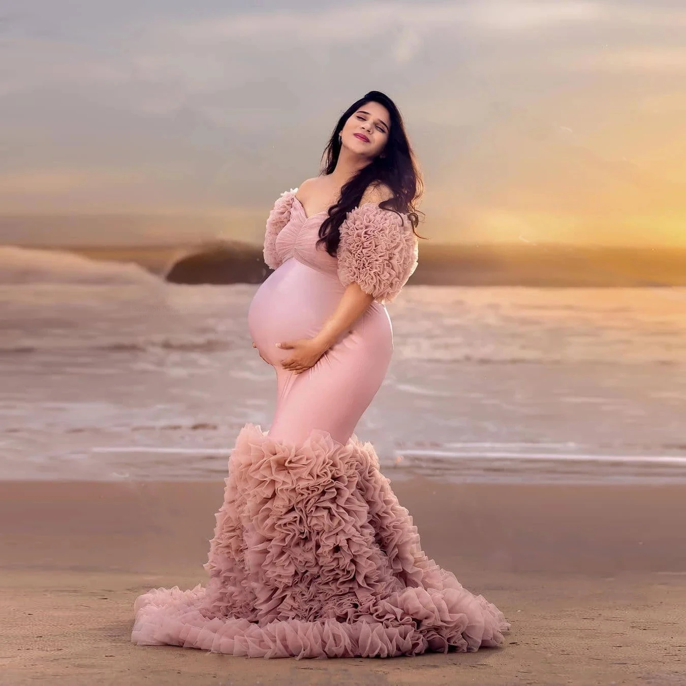 Frauen kleider dehnbar elegant rosa Meerjungfrau Umstands kleid halbe Ärmel Tüll geschichtet Umstands kleider von der Schulter