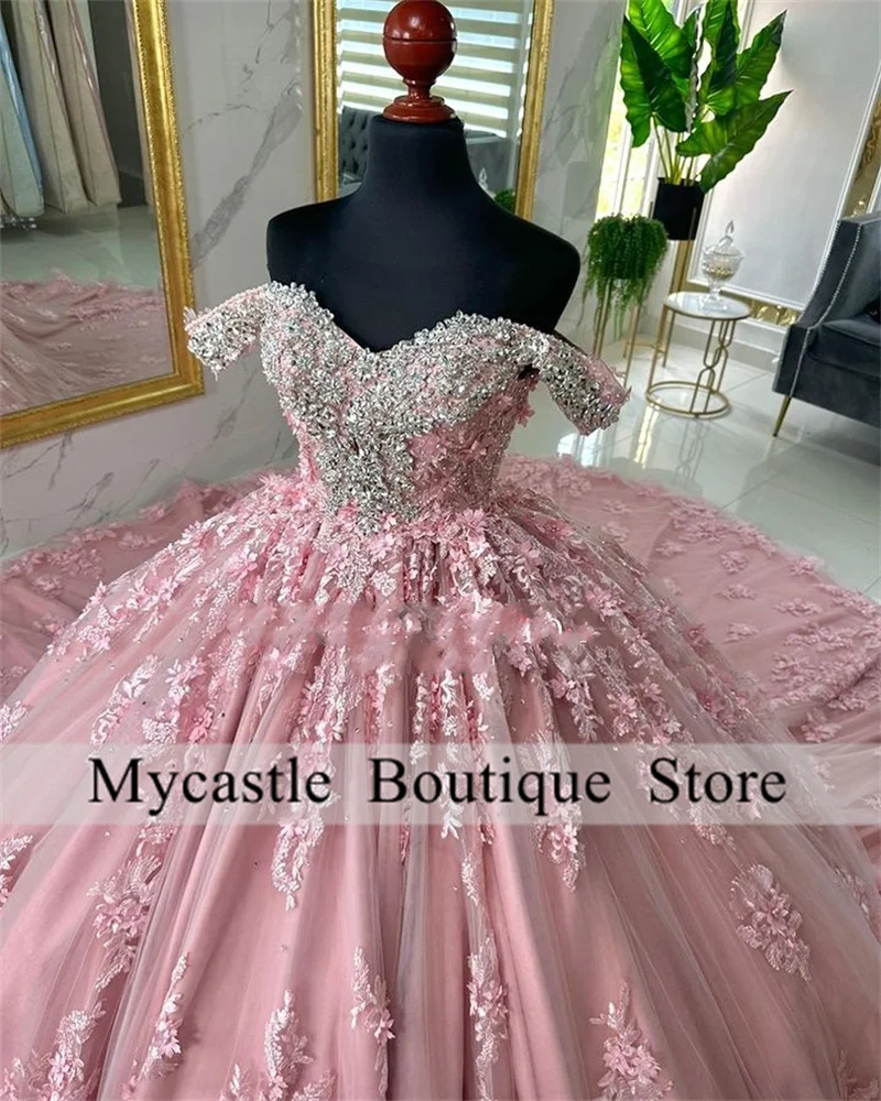 Luxury Pink Appliques Lace Ball Gown Quinceanera Dresses 2024 Off The Shoulder Beaded Crystal Sweet 15 Dress Vestidos De 15 Años