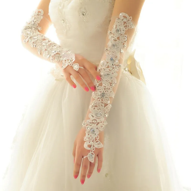 Guanti da sposa lunghi lunghezza Opera Guantes de Novia per la sposa guanti da sposa in pizzo avorio senza dita in cristallo accessori da sposa 209