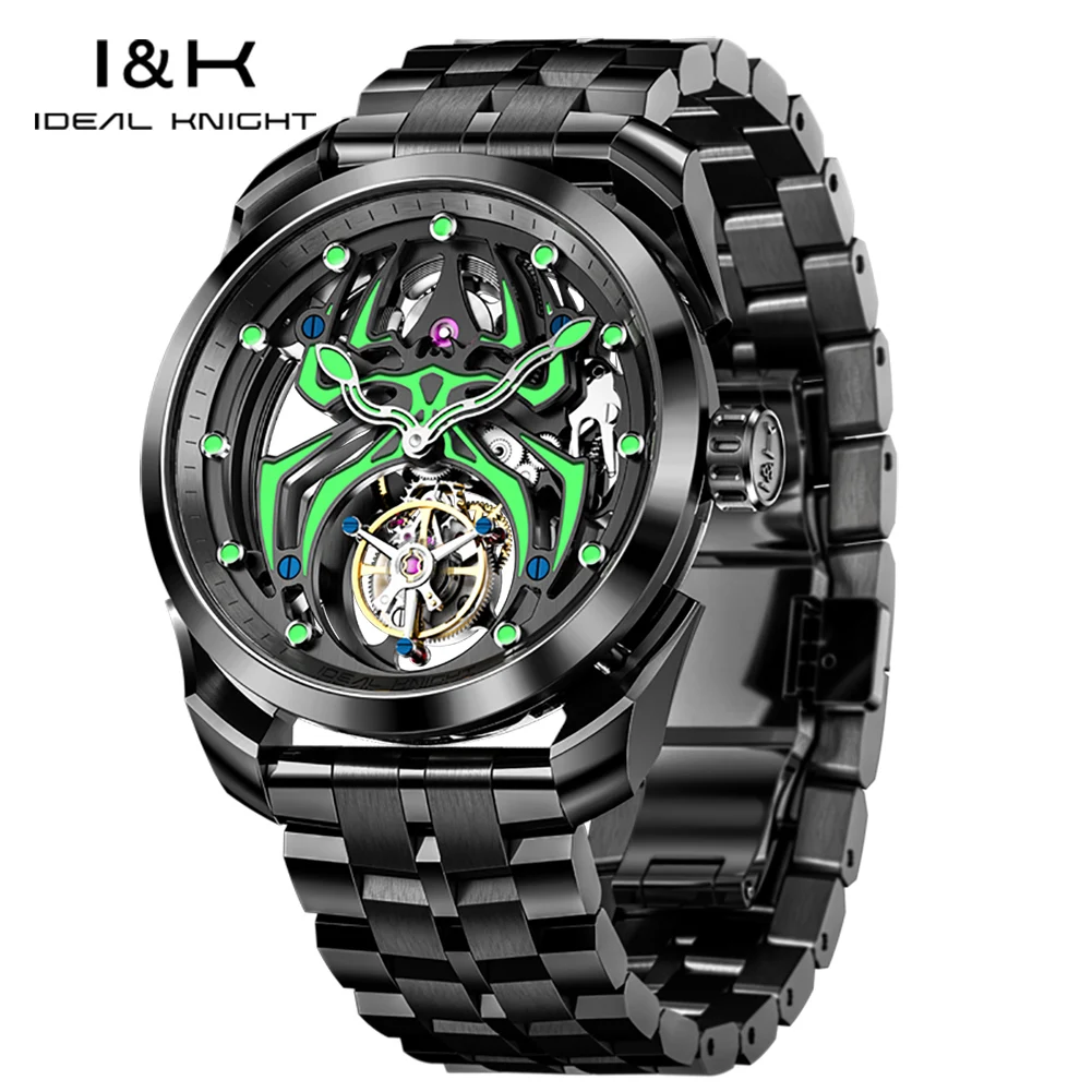 Ideal Knight 6802 Tourbillon Men Watches Black Steel Leather Strap Sapphire Mirror Automatic Mechanical Men's Watch