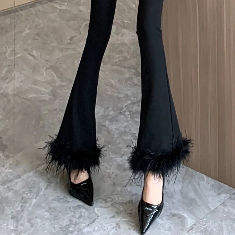 

Temperament High Waist Elastic Casual Pants Slim Fit Ostrich Hair Horn Pants 2023 Autumn New Fashion Women'S Clothing