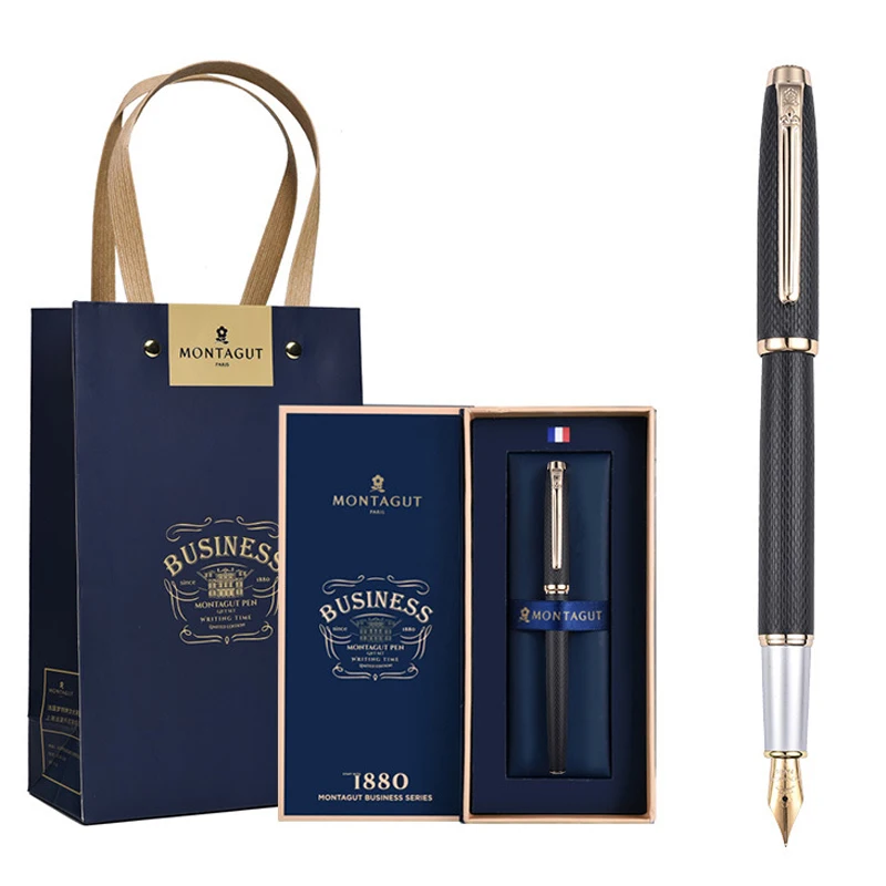 

Montagut Classic Black Mesh Barrel Fountain Pen Golden Trim 0.5mm Fine Nib Professional Writing Pen Gift