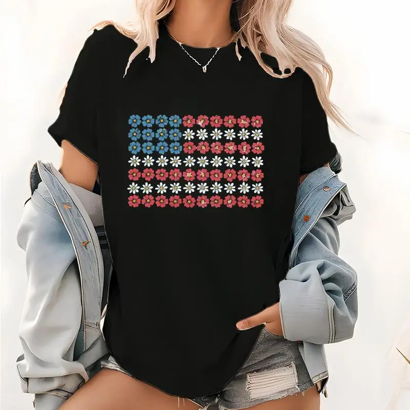 

Women's Patriotic T-shirt Floral American Flag Graphic Tee 4th of July Top