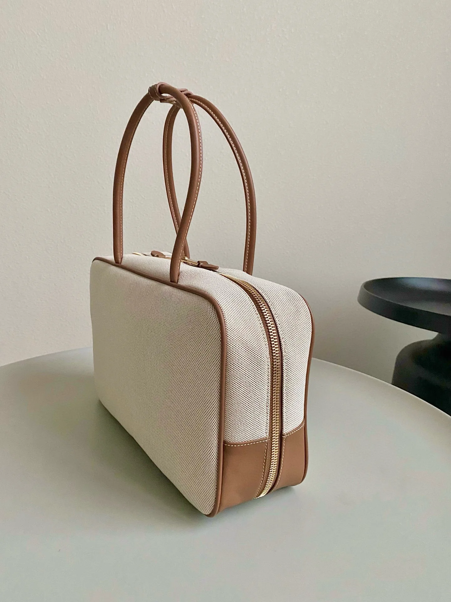 Stylish Canvas Leather Handle Handbag Bold Color Contrast, Unique Design Leather Handles,  Elegance in Everyday Style