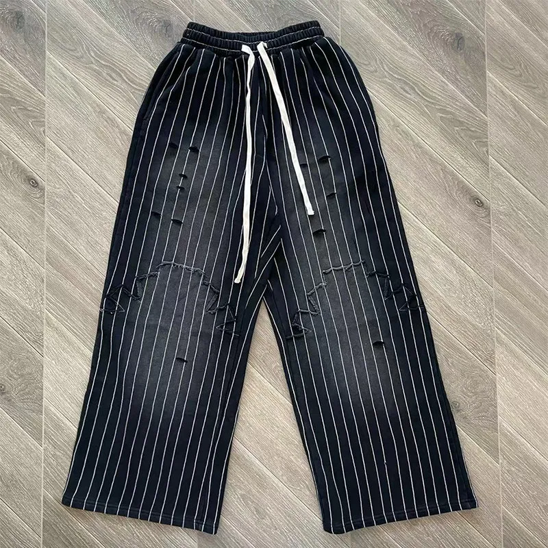 Vertabrae Sports Long Pants High Street Vintage Ripped Classic Vertical Stripes Versatile Trendy Casual Pants