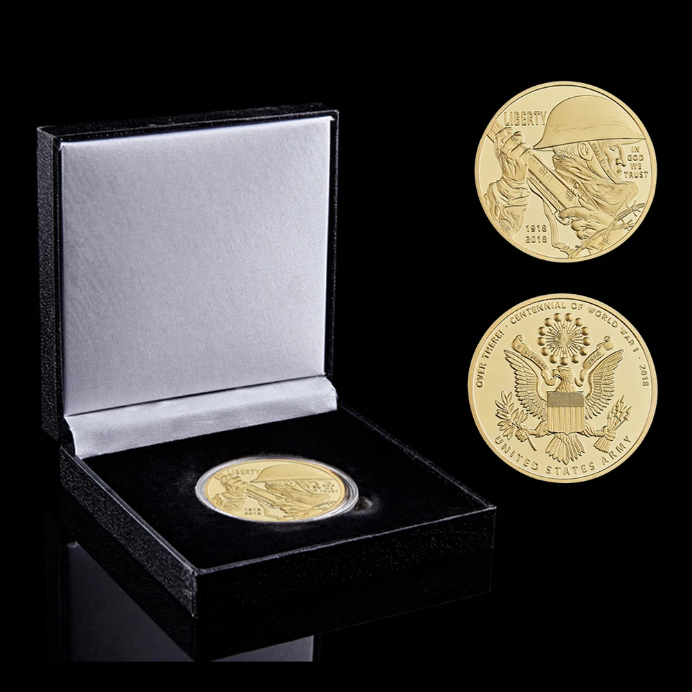 

1918-2018 WWI Liberty In God We Trust Metal Gold Plated Commemorative Token US Challenge Army Coin W/ Box Display