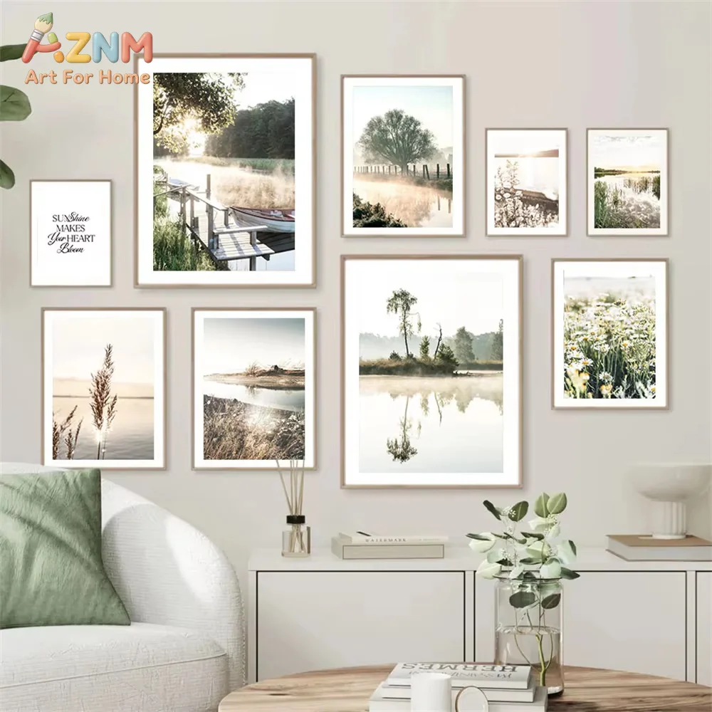 1PC,Spring Lake Sunrise Poster Reed Grass Tree Landscape Wall Art Canvas Painting Nature Wall Print Picture Living Room Decor
