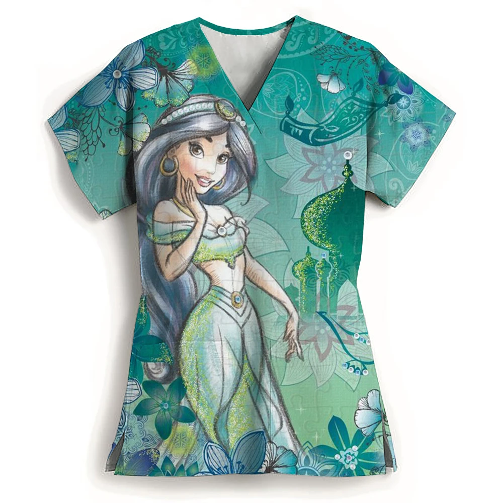 Disney Princess Print Nurse Uniform Dental Clinic V-neck Surgical Gown Snow White Pet Hospital Work Clothes women's short-sleeve