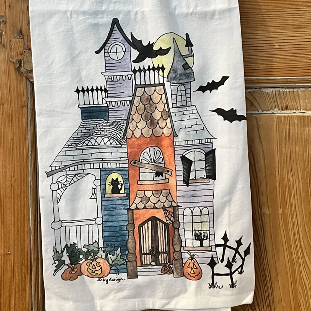 Halloween Haunted House Flour Sack Towel 100% Cotton from original Watercolor Hostess Gift Team Birthday Tea Towel Party Present