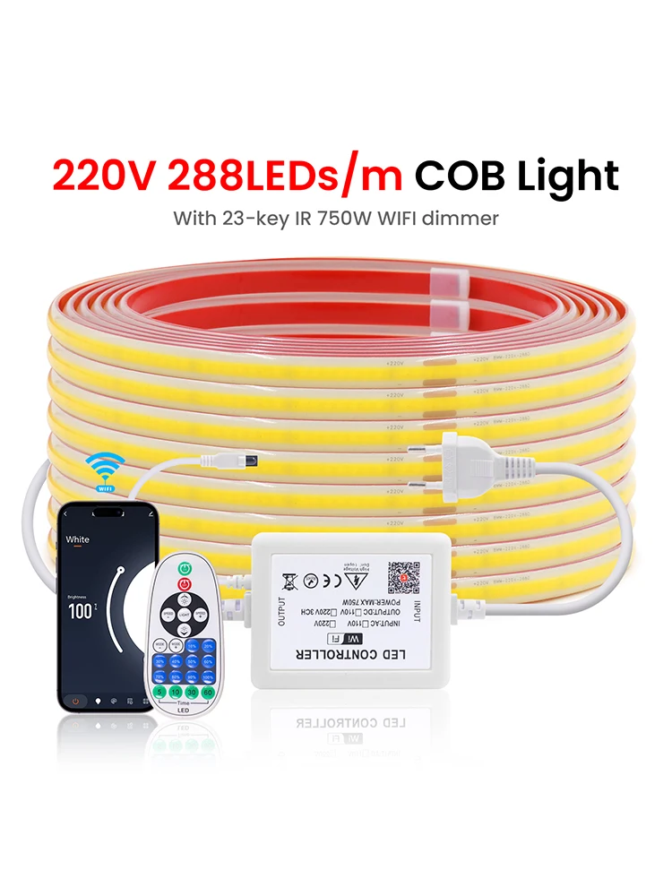 Tuya WiFi Smart Dimmbare AC 220V COB LED-Lichtleiste Weiß 3000K 4000K 6000K Wasserdichtes LED-Band Kompatibel mit Amazon Alexa