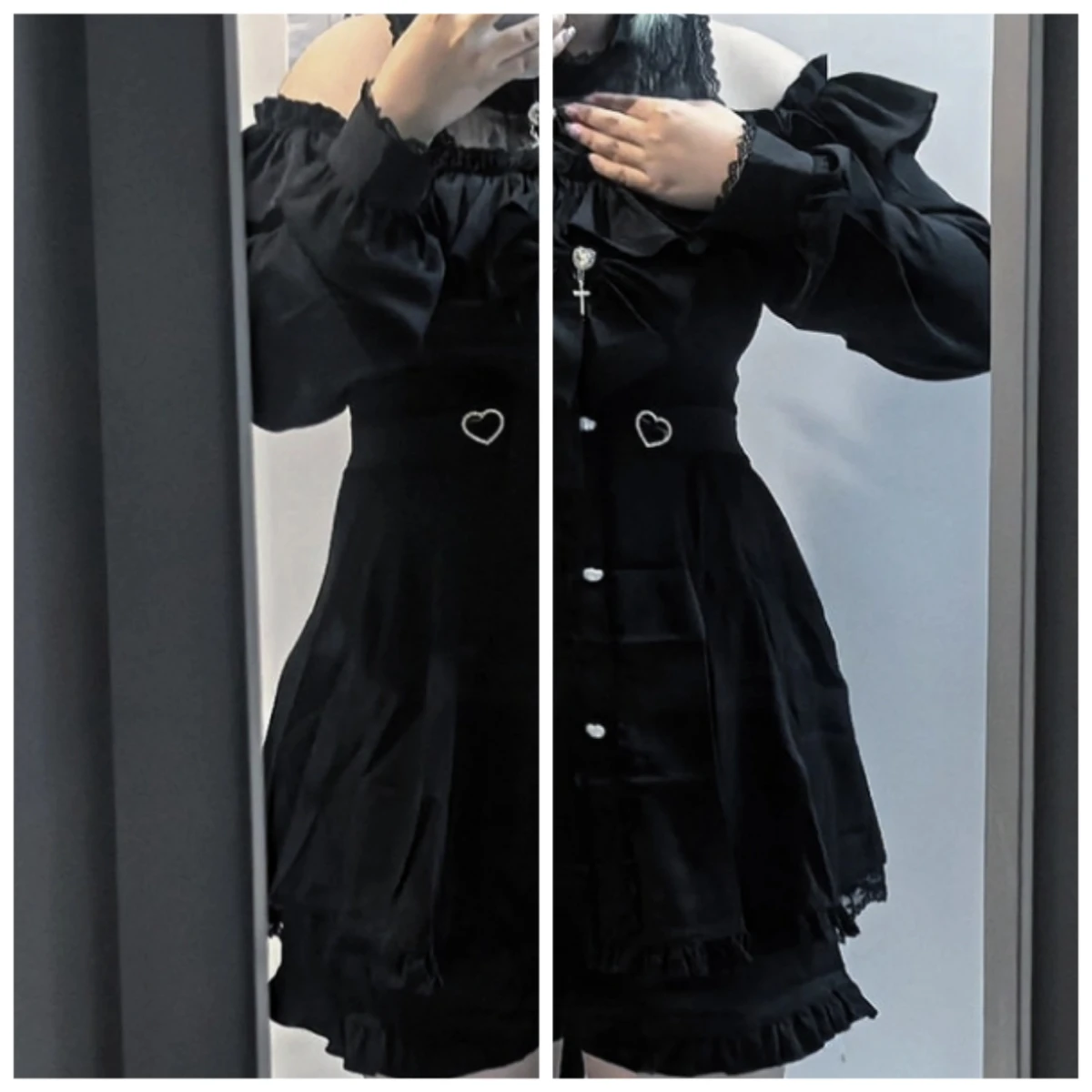 

Japanese Style Mass-Produced Off-Shoulder Lace Patchwork Long Sleeve Dress Sweet High Waist Slim Fit Dress and Base Shorts Set