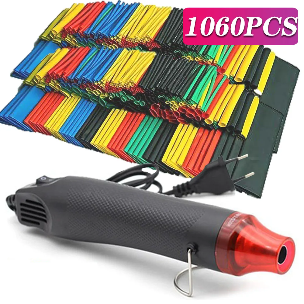 

2:1 Shrinkable Wire Shrinking Tubing 127/530/1060PCS Heat Shrink Kit Wrap Connect Cover Cable Repair Protection with Hot Air Gun