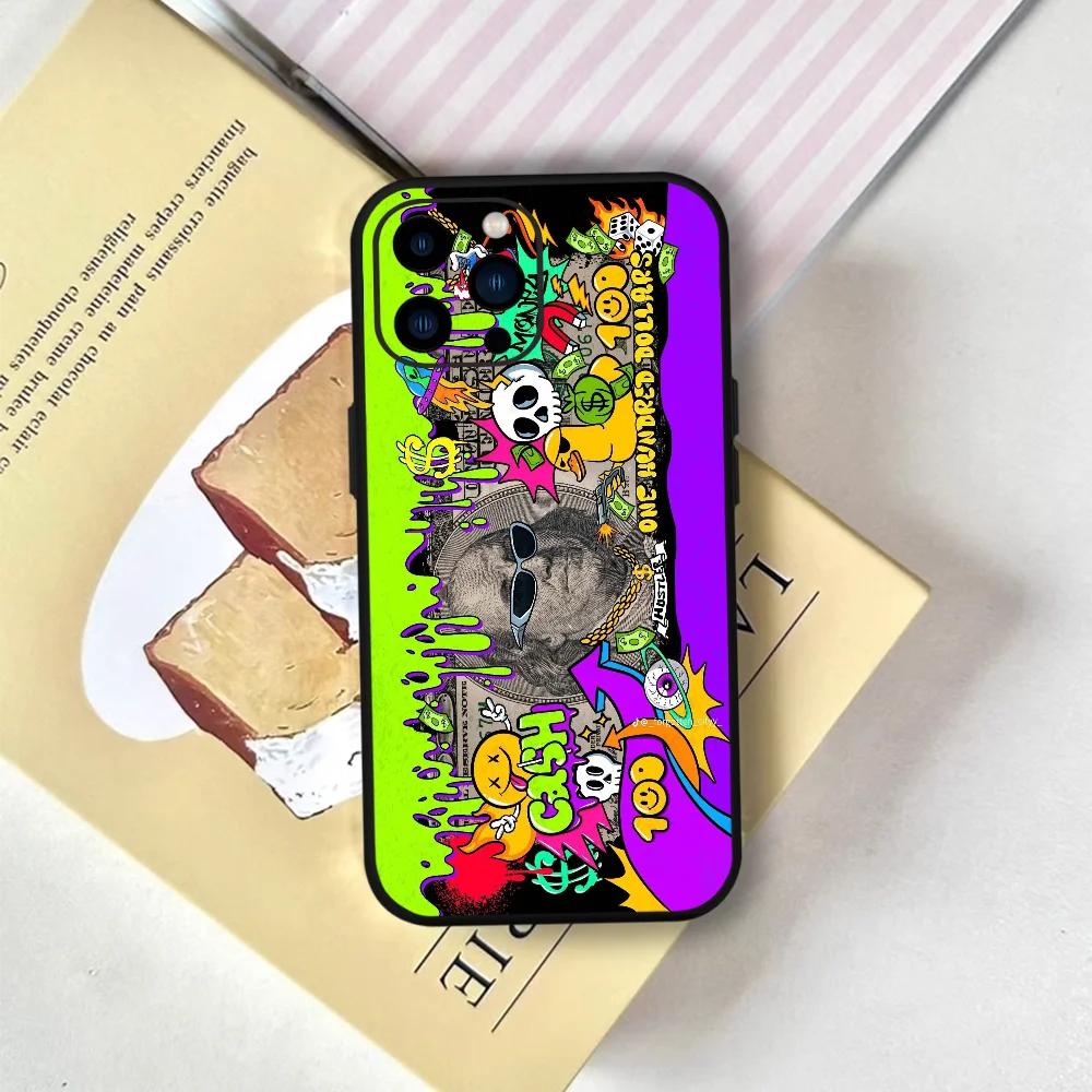 쿨 G-그래피티 M-머니 P-패턴 폰 케이스 펀다 (아이폰 12, 11, 13, 14, 15, 16, 17 미니, 맥스, 프로, 플러스용) 소프트 실리콘 블랙 커버