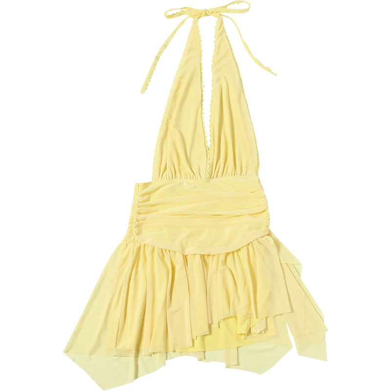 Sisterlinda Neckholder-Spitzenkleid für Damen, Bandage, tiefer V-Ausschnitt, rückenfrei, ärmellos, Falten, unregelmäßiger Saum, modisch, Streetwear, Sommer, figurbetont – Detail 3