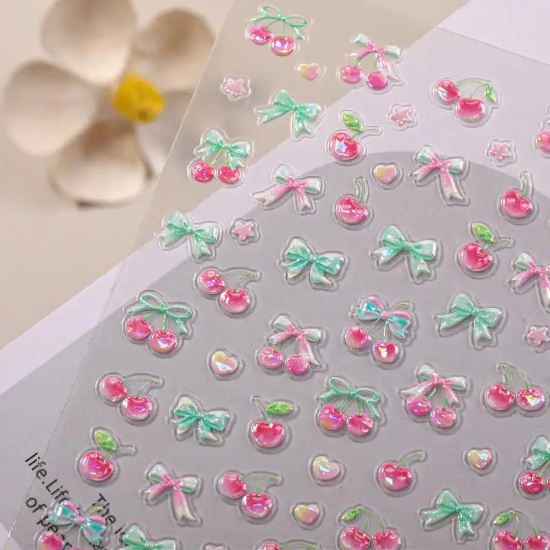 

Cute Cherry Bow Nail Stickers Relief 3D Nail Appliques Adhesive Sliders Nail Art Accessories Nail Decoration
