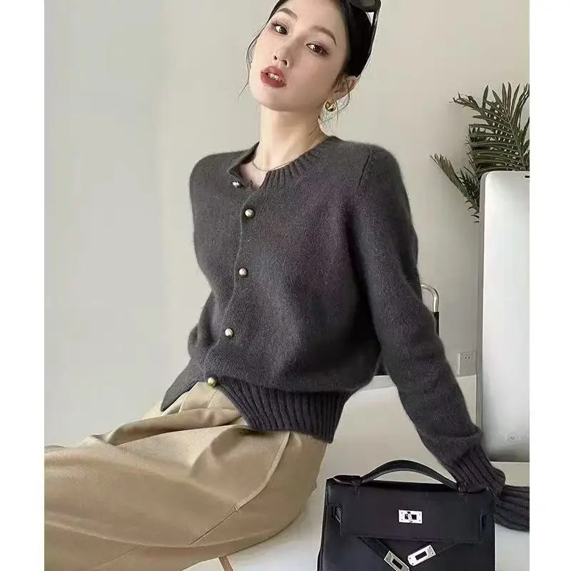 Fashion Joker short cashmere autumn gold button round neck threaded sweater cardigan