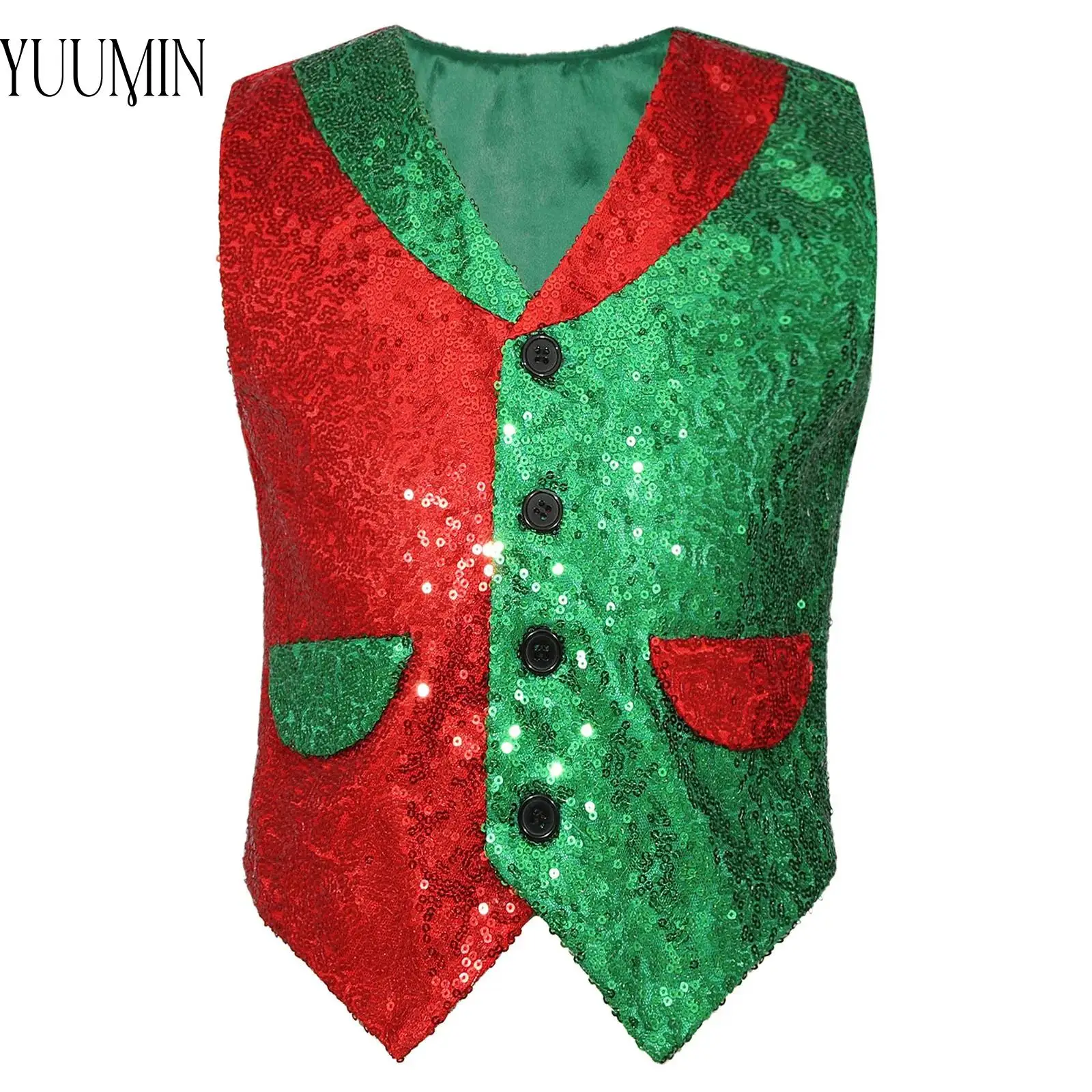 Kids Boys Sequin Christmas Santa Claus Cosplay Costumes Vest Stage Dress Up Magic Show Christmas Party New Costume Top Dancewear