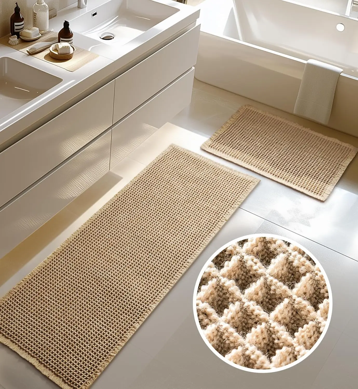 

Large Waffle Bath Mat Set, Non-Slip Ultra Absorbent, Extra Soft Washable Brown Rugs 2-Piece