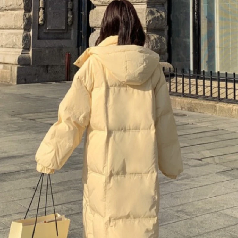 New Women White Duck Down Jacket Winter Coat Female Solid Color Large Pocket  Parkas Loose Hood Outwear Thick Warm Overcoat