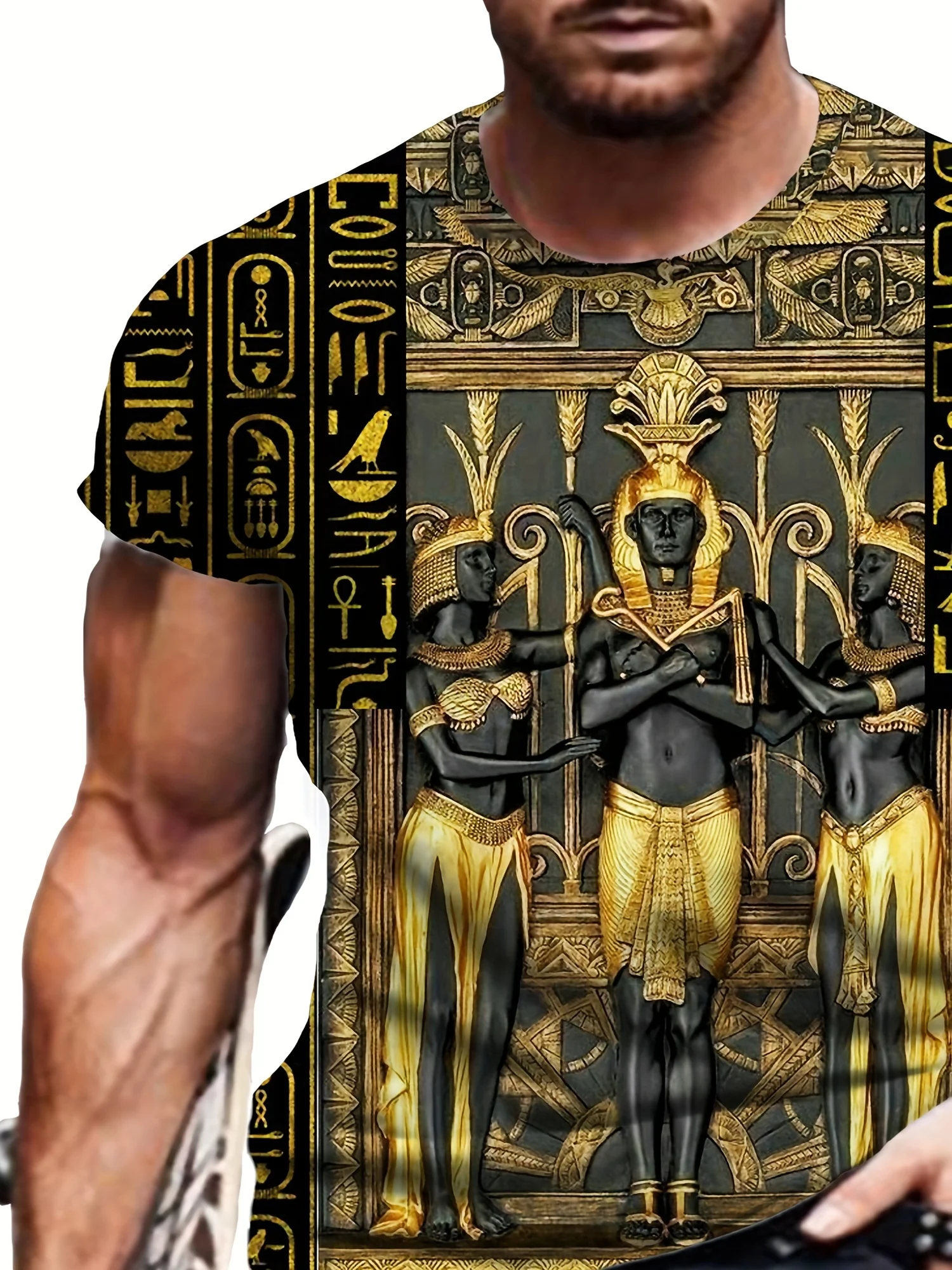 Camiseta de talla grande de manga corta con cuello redondo y estampado de patrón de Egipto en 3D para hombre, camiseta ligera y versátil para uso diario en verano