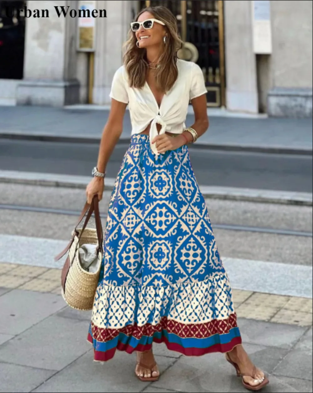 

Summer Fashion Beach Style Printed Skirt Women Casual Bohemian Style High Waisted Printed A-line Skirt Women