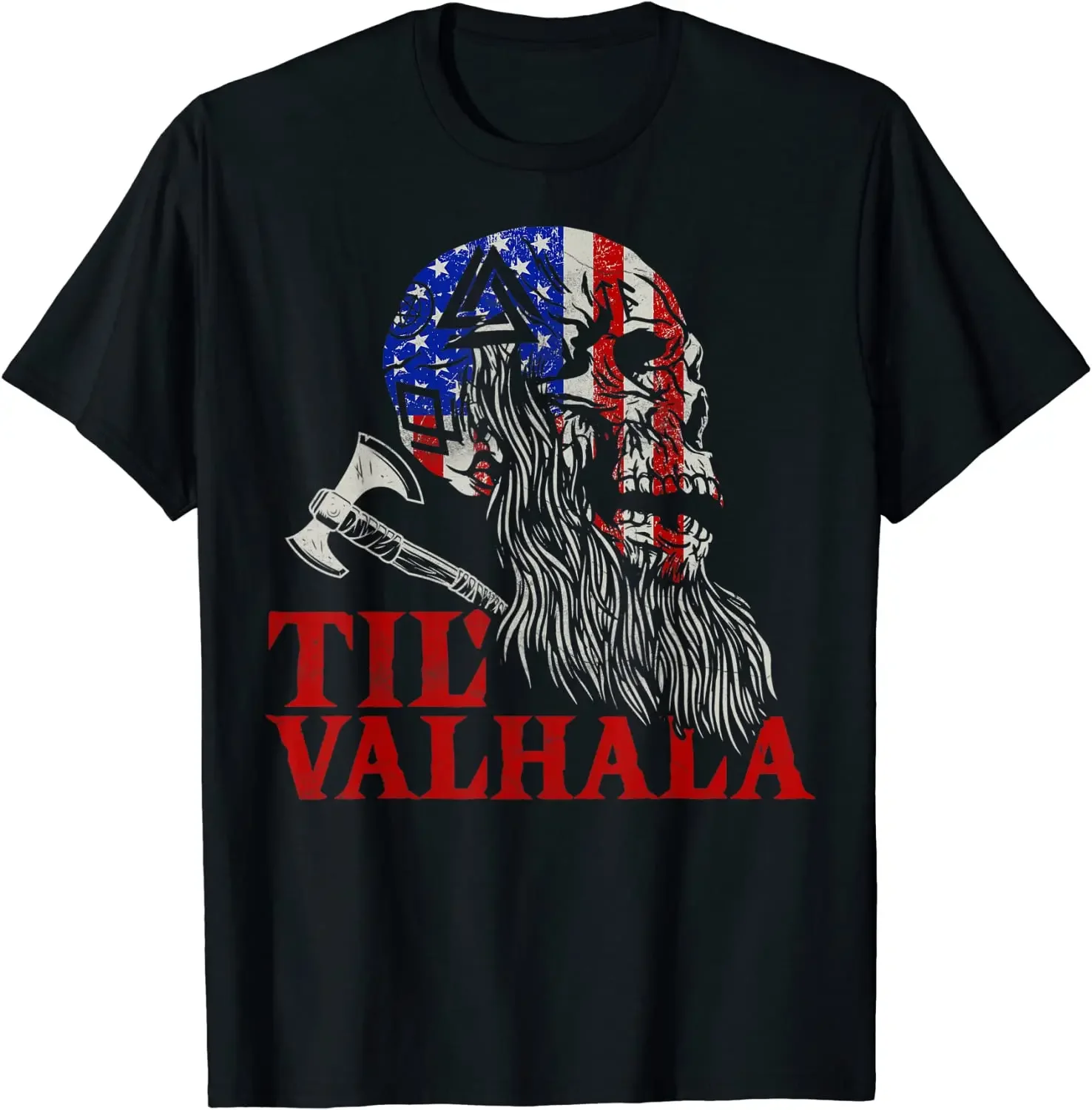 

Til Valhalla USA Flag Nordic Warrior Skull T-Shirt 100% Cotton O-Neck Short Sleeve Summer Casual Mens T-shirt Streetwear